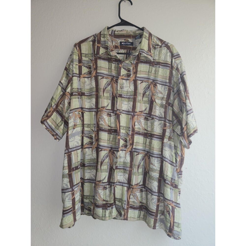Puritan Hawaiian Shirt Mens XL Short Sleeve Green Tropical Leaves Palm Rayon